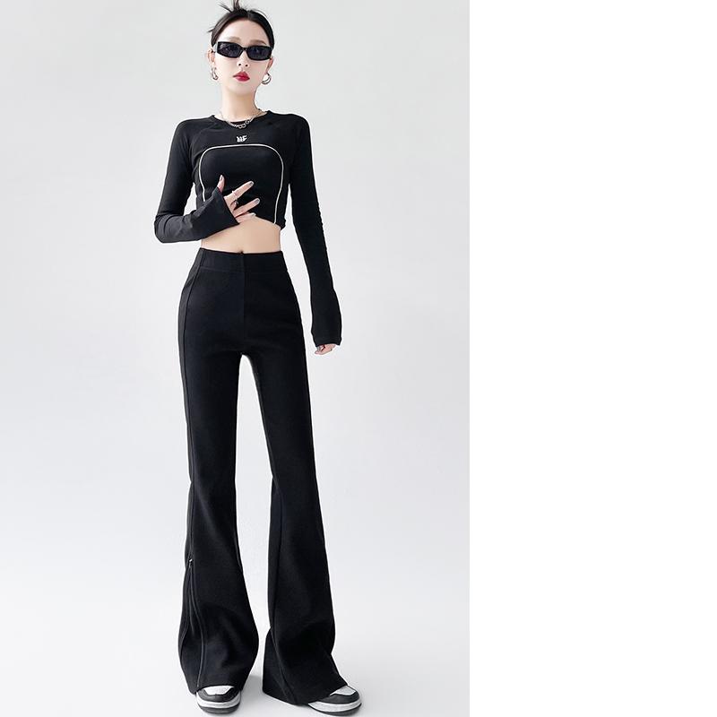 Jesienna Moda Damska Rozszerzane Długie Spodnie 2024 Nowe Elastyczne z Wysokim Stanem Casualowe Dopasowane Spodnie na Zamek Damskie Jednokolorowe Eleganckie Spodnie 2387