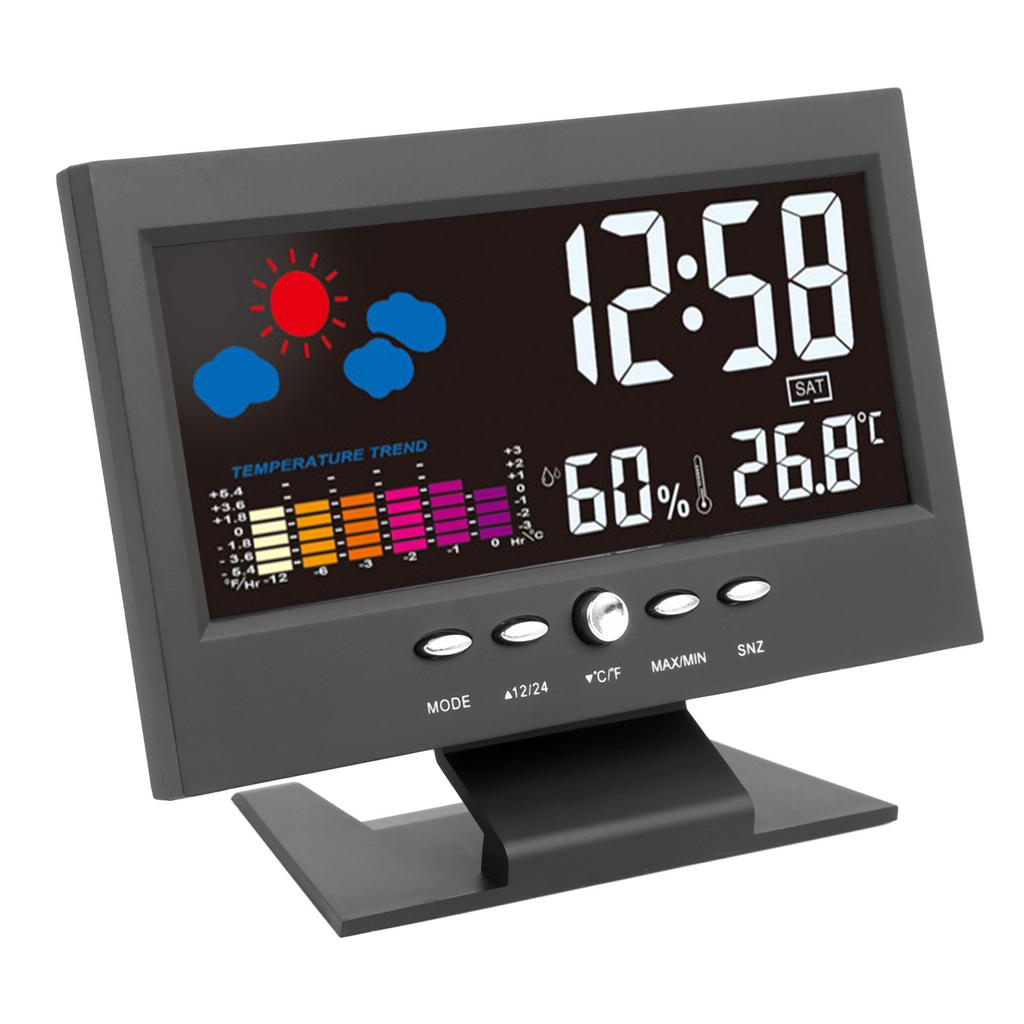 Electronic Alarm Clock Black Colorful Display Humidity Temperature Detect Sound Activated Alarm