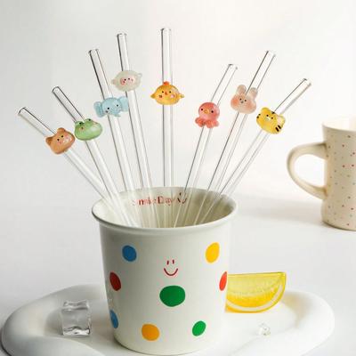 Glass Straws with Animal Charms, Clear Bend Reusable Drinking Straw, for Cold Drinks, Milk Tea, Coffee, Juice, Smoothies, Kitchens, Restaurants