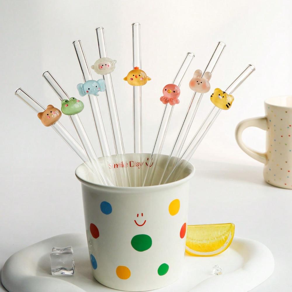 Glass Straws with Animal Charms, Clear Bend Reusable Drinking Straw, for Cold Drinks, Milk Tea, Coffee, Juice, Smoothies, Kitchens, Restaurants