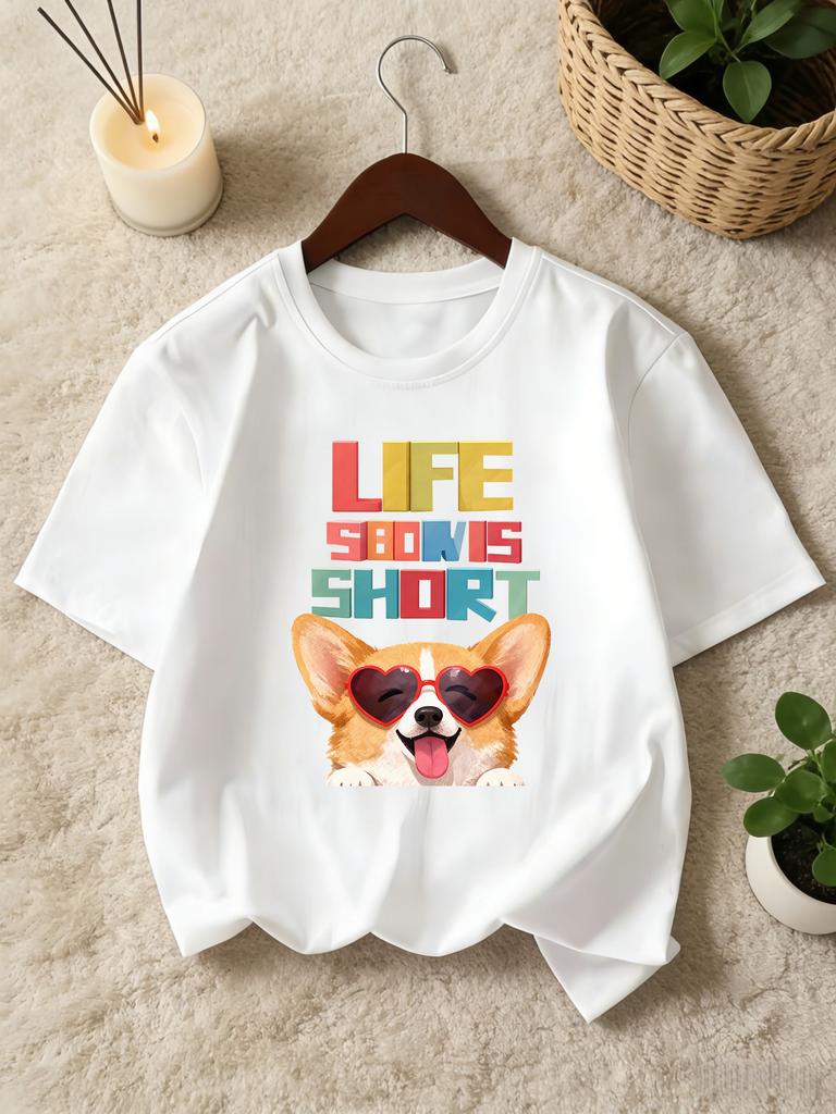 Family Tee Cute Corgi Heart Sunglasses Life Is Short Letter Print Soft Sleeve Parent Child Kids Casual Comfort Daily Basic Tops