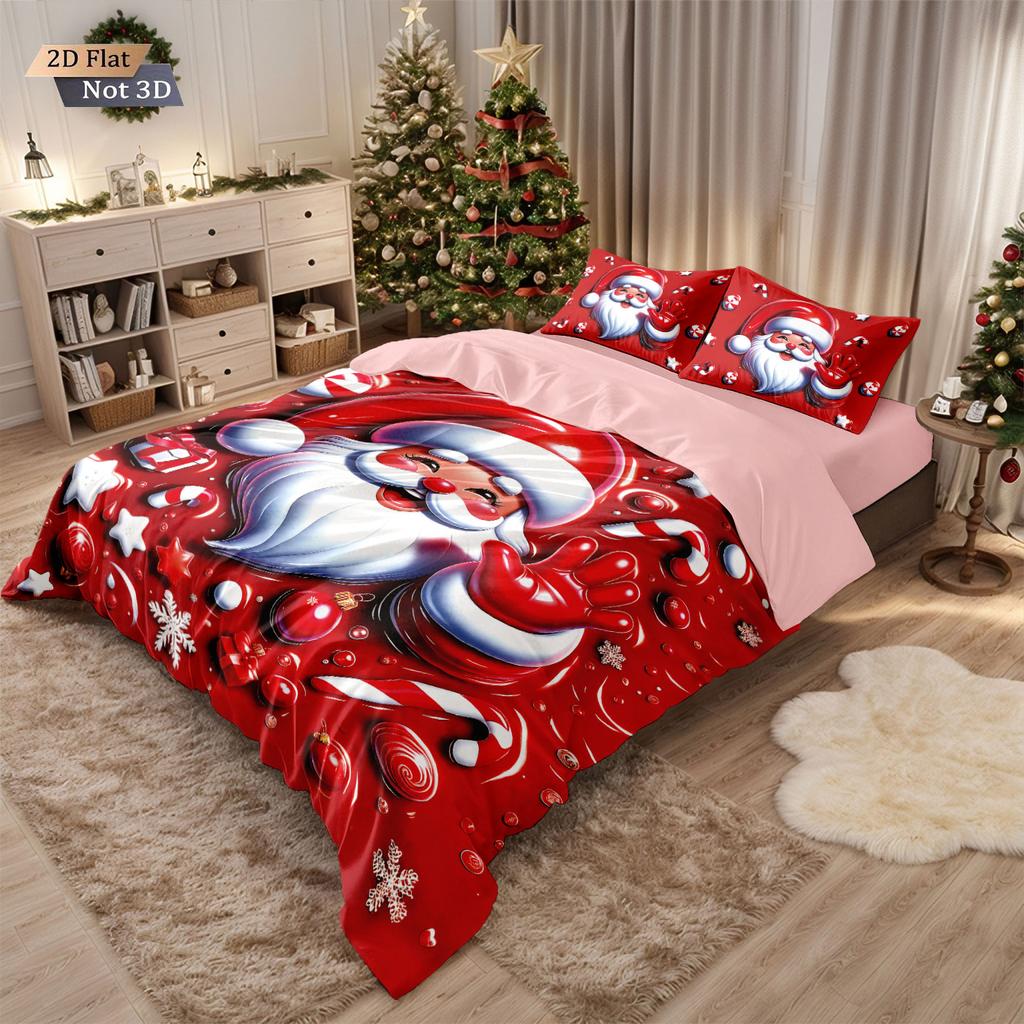 3-teiliges rotes Weihnachtsmann-Druck Bettwäscheset ohne Chips Weich und bequem Schlafsaal Schlafzimmer Mehrere Größen Maschinenwaschbar