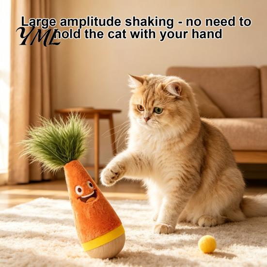 Plush Cat Teaser with Wood Base Wooden Wobble Toy, Self-Righting Tumbler Feather for Indoor Cats, Interactive Safe Clawing Toy Punching Bag