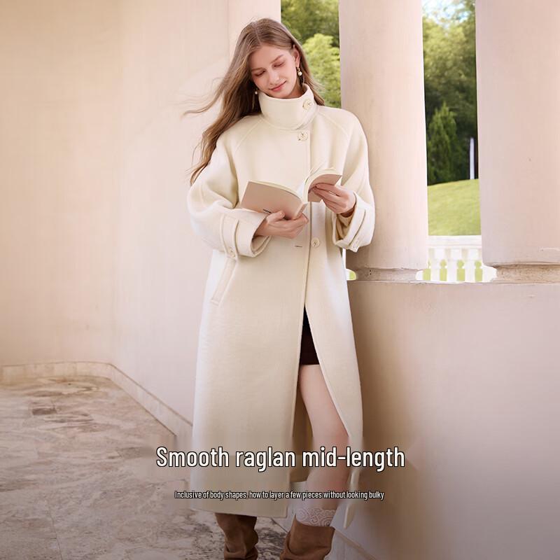Xiangying Women's White Double-faced Wool Blend Mid-Length Coat