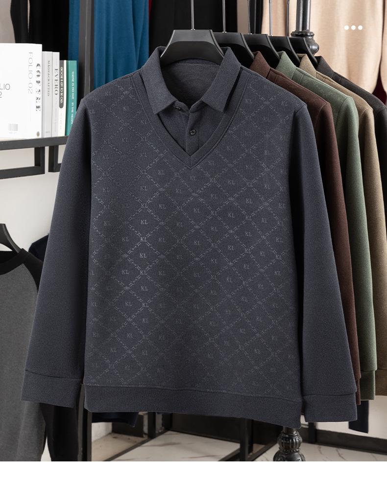 Fleece-Lined Two-Piece Lapel Polo Shirt: Men's Warm Autumn/Winter Casual Print Top