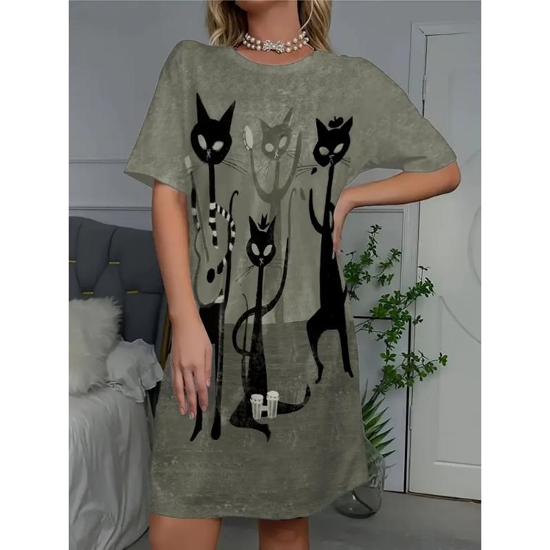 Fashion Women's Crew Neck Dress 3D Casual Color Printing Casual Dress Crew Neck Dress