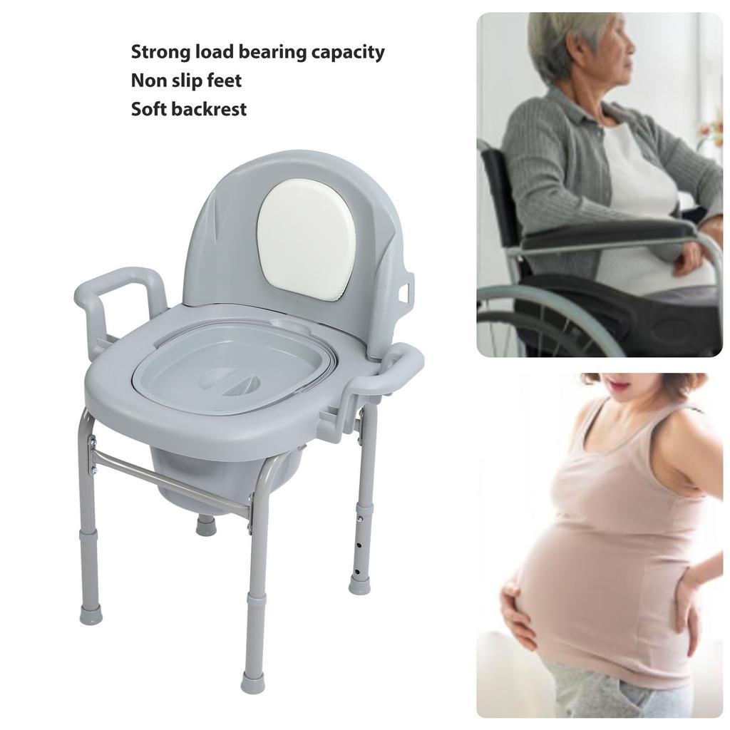 Portable Bedside Commode Chair 3 Adjustable Heights Mobile Toilet Seat with Solid Bucket Padded Backrest for Pregnant Elderly