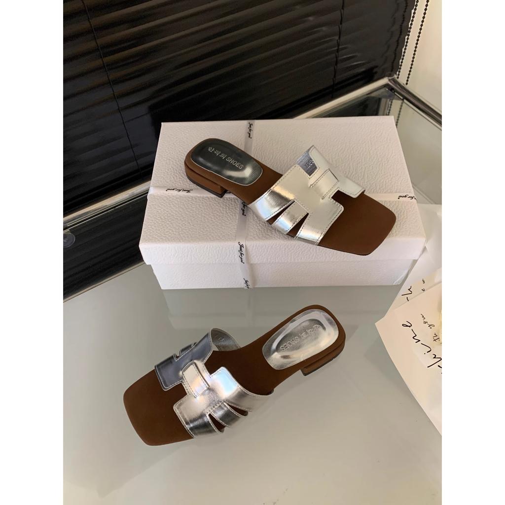 Mori Retro Polished One-word Cool Slippers with Skirt Sandals 2025 Summer New French Square Head Flat Bottom Sandals