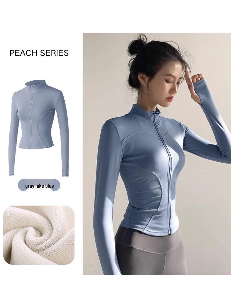 Women's Plush Slim Fit Zipper Yoga Jacket - Thickened, Elastic Long Sleeve, Stand Collar, Warm Autumn & Winter Top