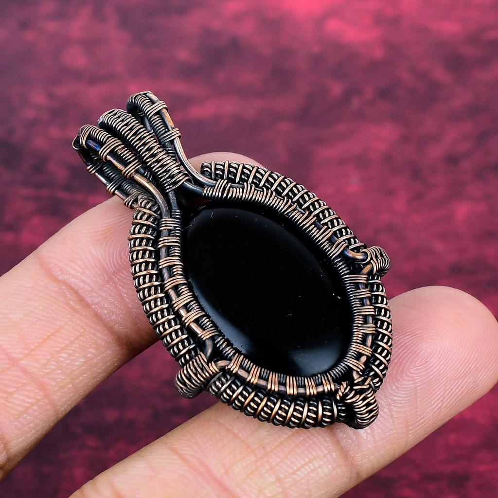 Black Onyx Pendant Genuine Gemstone Jewelry Copper Wire Wrapped Handmade Pendant