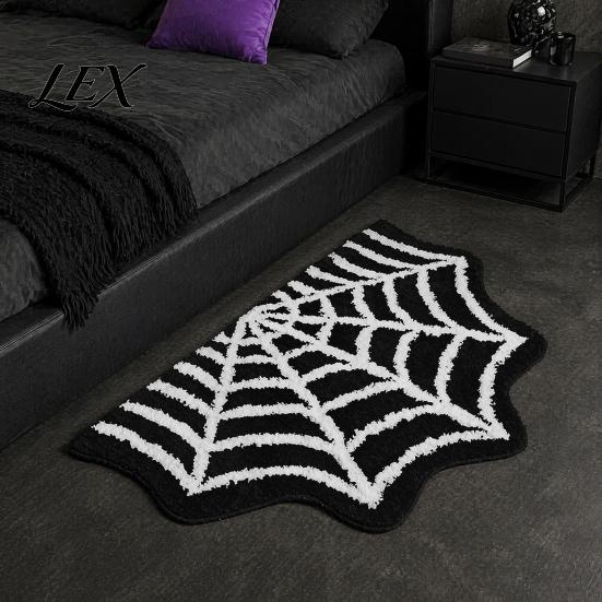 Halloween Floor Rug Spider Web Bath Mat, Gothic Bathroom Rug, Non-slip Indoor Outdoor Porch Black Bat for Home Entrance Bedroom Decor