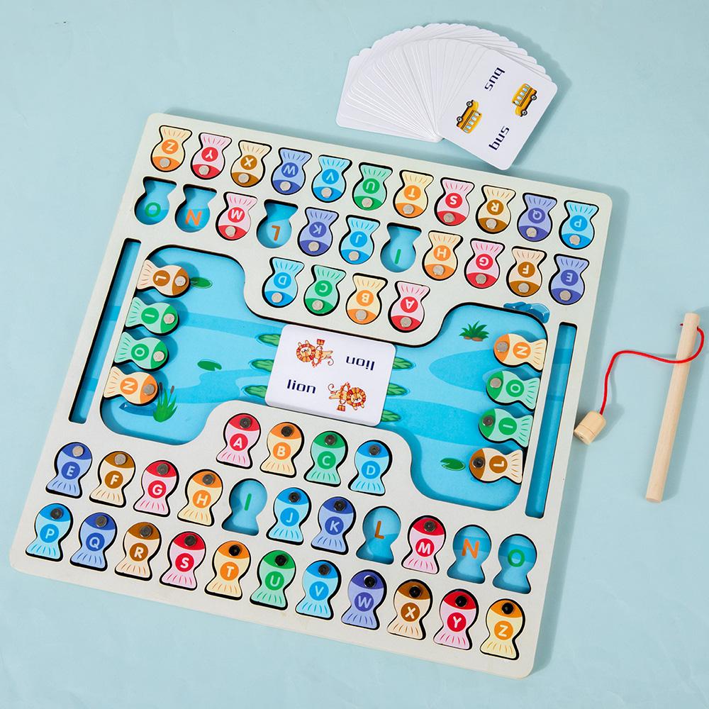 Montessori Magnetic Wooden Fishing Game Toy for Toddlers Alphabet Fish Catching Counting Games Puzzle Preschool Learning ABC Toy
