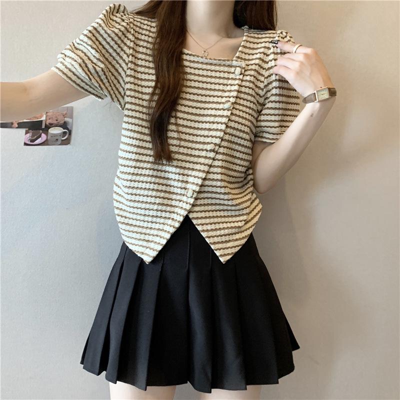 

2023 Summer Plus Size Women s Striped Square Neck Short Sleeve Cardigan Top 2XL