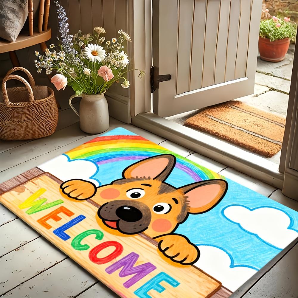 Cartoon Canine Illustration Doormat Sky Blue White Rainbow Polyester Hand Wash Only 80x50cm Decorative Use