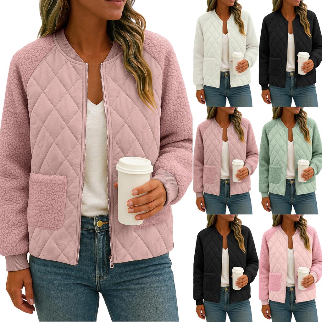 Women's Solid Color Long Sleeved Plaid Thickened BBaseball Jacket Jacket