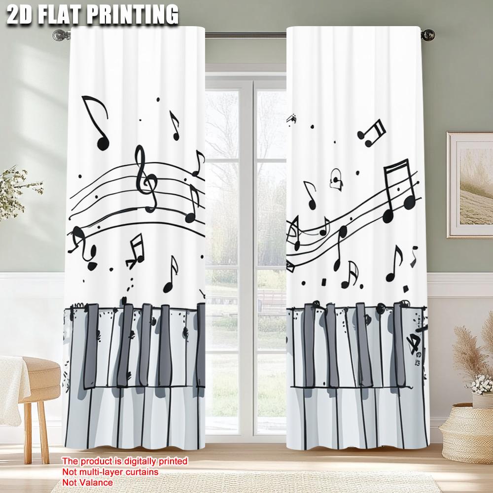 2pcs,2D Plane Printing Print Curtains Classic Piano & Musical Notes Versatile Polyester Fabric (without Rod) Festive for