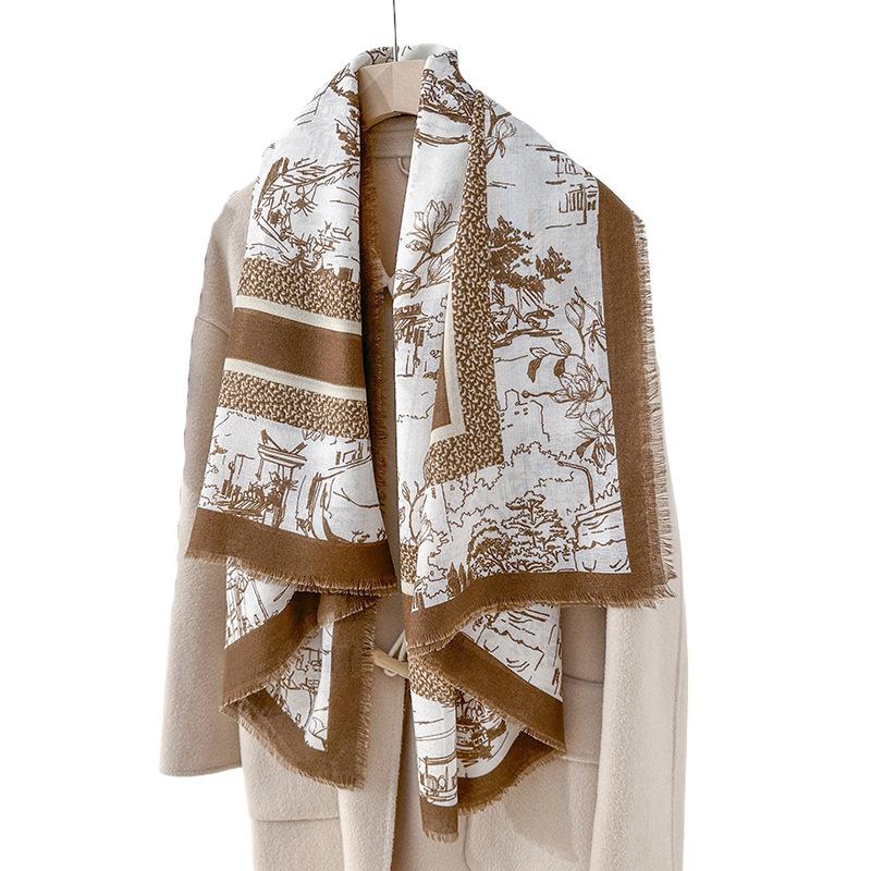 Niche retro plant flower printing square scarf high-end sense dismantling beard large square scarf autumn and winter fashion outer shawl