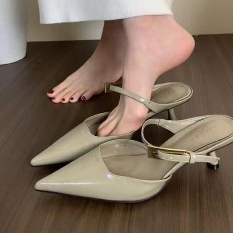 Eilyken 2025 Satin Button Pointed Toe Mules Pumps Women Slipper Fashion Shallow Thin High Heels Ladies Shoes