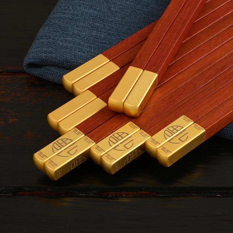 Red Sandalwood Engraved Chopsticks Gift Set (10 Pairs) - Chinese Style Business and Souvenir Box.