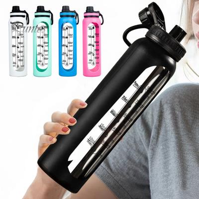 Glass Water Bottle with Silicone Sleeve Time Marker 1000ml Leakproof Borosilicate Water Cup for Sports Fitness Office BPA-Free Hot Cold Drinks Gift