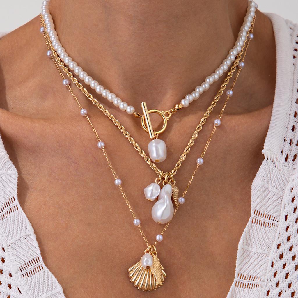 ins imitation pearl stacked shell pendant necklace, temperament beach beaded fish OT buckle jewelry