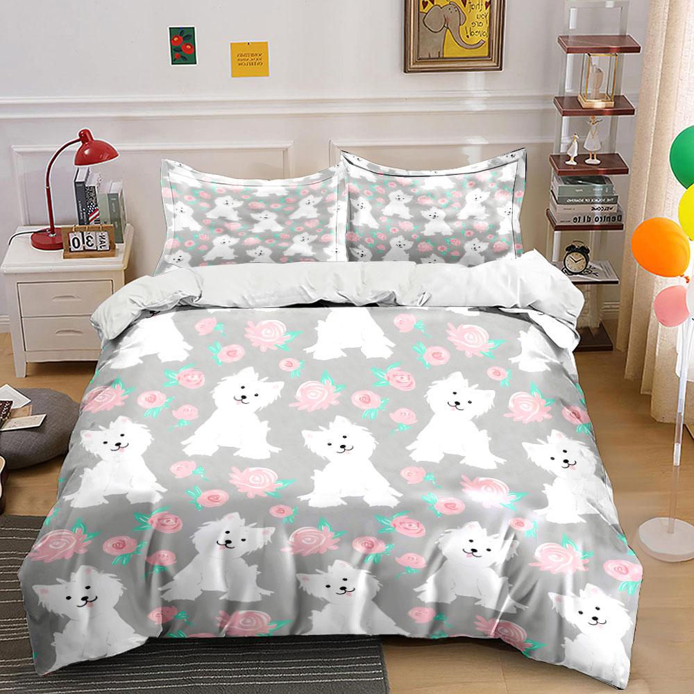 Cute Dog Floral Pattern Decor Soft Skin-Friendly Bedding Set Includes 1 Duvet Cover And 2 Pillowcase Gift