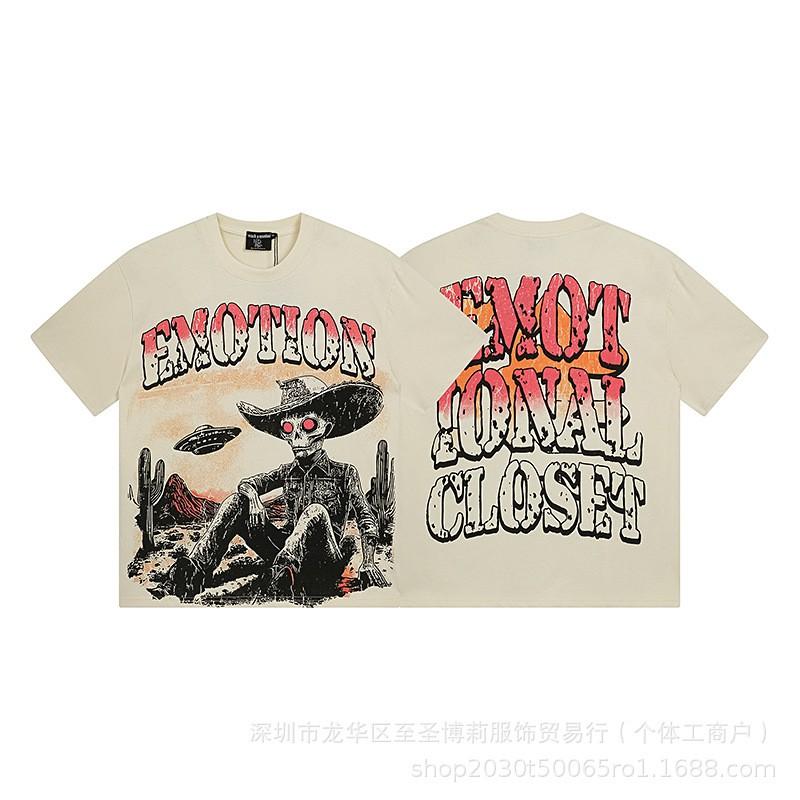 Unisex Vintage American Style Loose Fit Cotton Tee With Embellished Letter Print Round Neck Short Sleeve