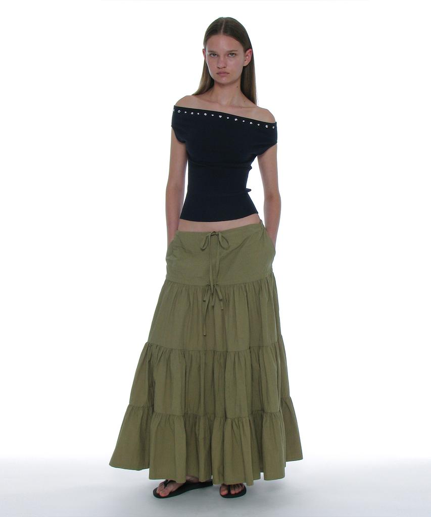 Partimento Woman Bow Strap Shirred Tiered Maxi Skirt_Khaki Green