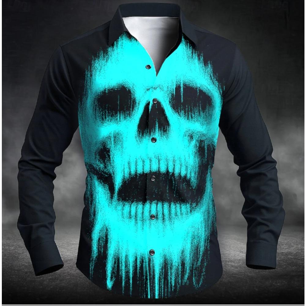 Men's Skull Printed Long Sleeve Shirts Casual Cardigan New Button Holiday Fashion Shirts