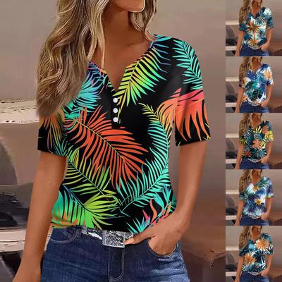 Women's T Shirt Print Button Short Sleeve Daily Weekend Fashion Basic V- Neck Regular Top
