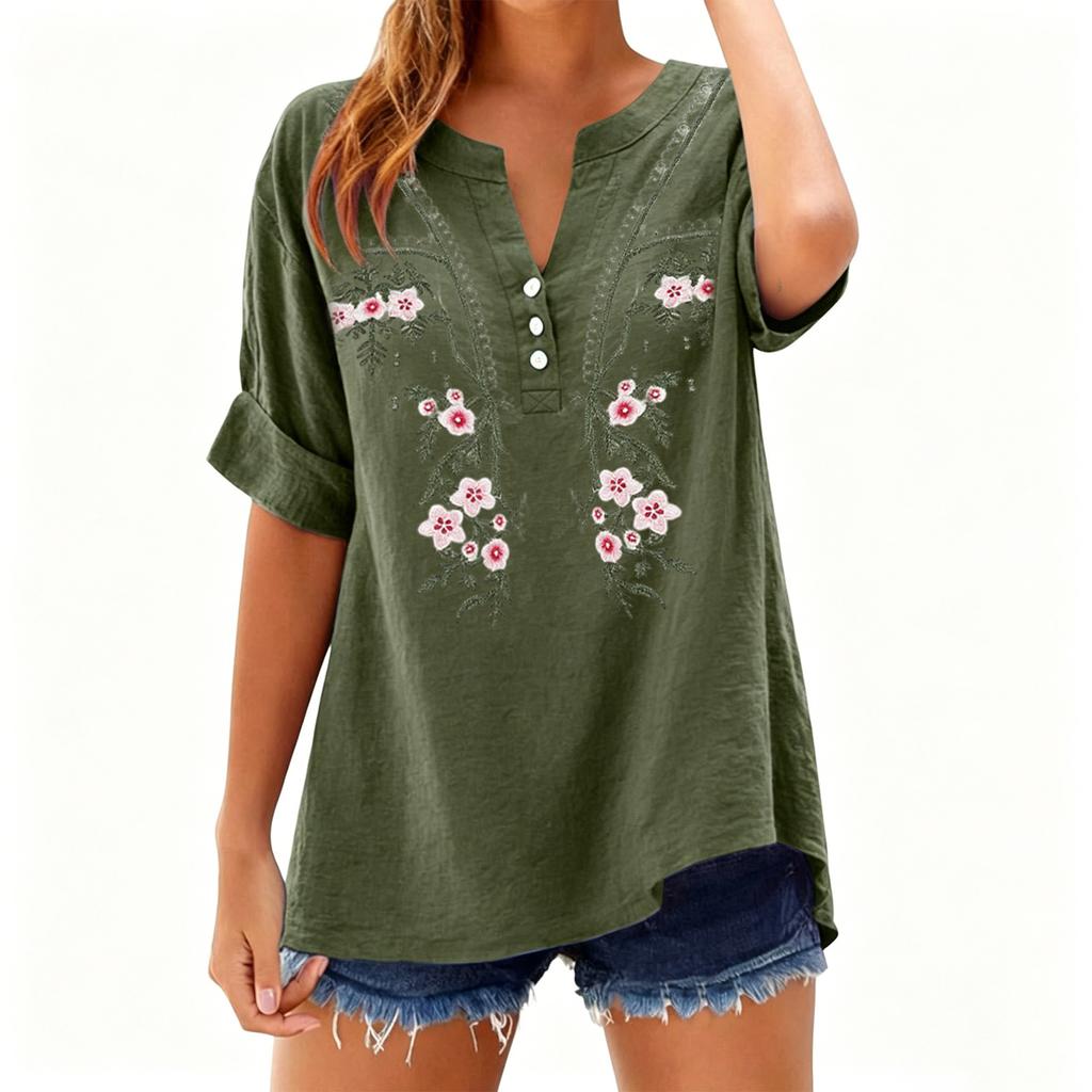 Modisches Lässiges Lockeres Damen-T-Shirt-Oberteil mit Stickerei und Knopfleiste, V-Ausschnitt