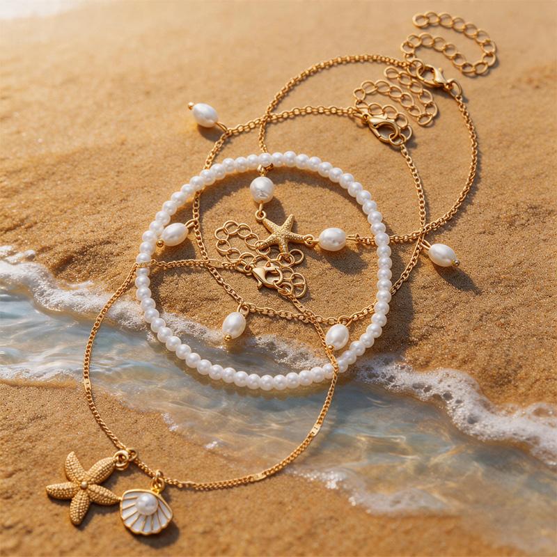 Ocean Style Multi-Layer Anklet Set, Imitation Starfish & Shell Pendants, Faux Pearl Beaded Anklet, Beach Vacation Accessory