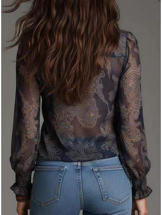 Romantic Boho Deep V-neck Paisley Ruffled Chiffon Shirt