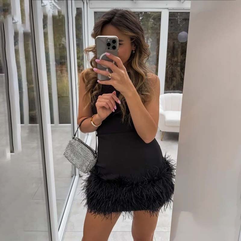 Elegantní Sexy Módní Střapcové Peří Patchwork Krátké Šaty Ženy Štíhlé O-výstřih Bez rukávů Vysoký Pas Šaty