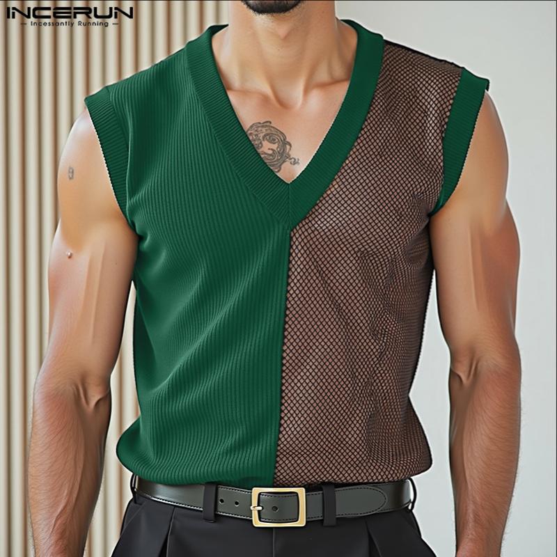 

INCERUN Men V Neck Sleeveless Stitching Mesh Sheer Patchwork Casual Ribbed Tank Tops 5XL помаранчевий
