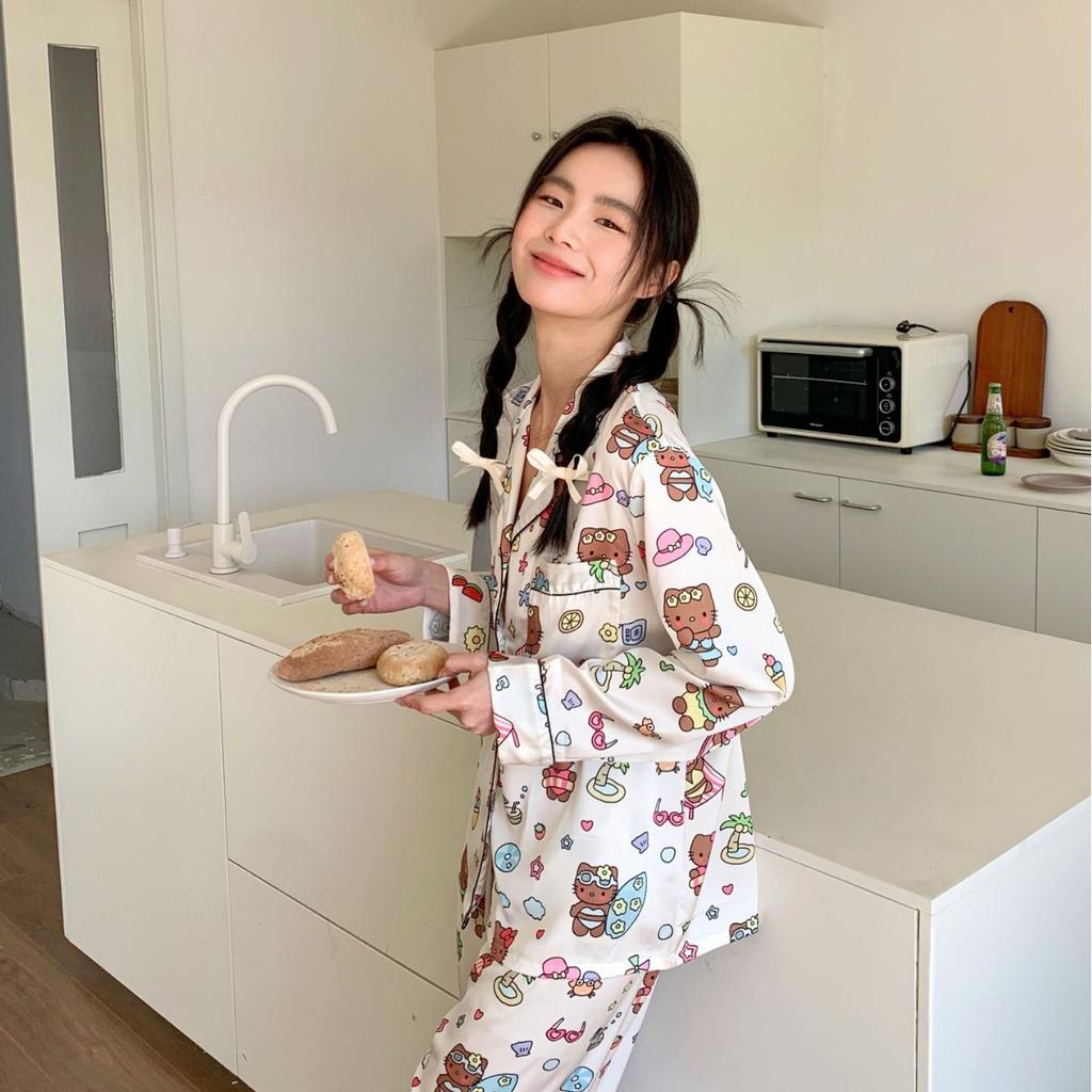 Beach Black Leather Cat Pajamas for Women, Cartoon Sweet and Cool Fairy Style, Simple and Loose Simulation Silk Home Clothing