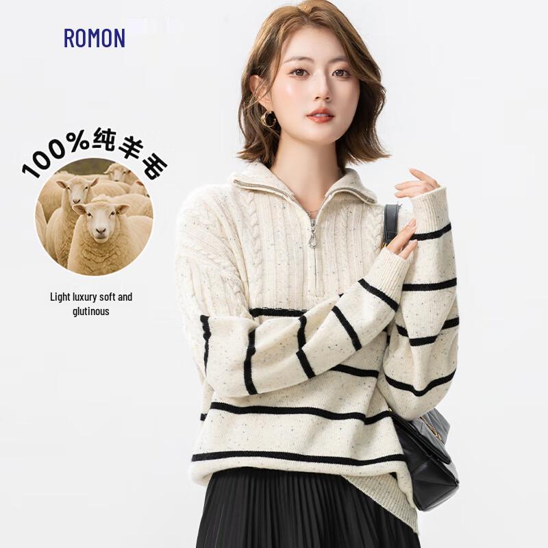 ROMON Damen 100% Merinowolle Reißverschluss Halboher Kragen Pullover