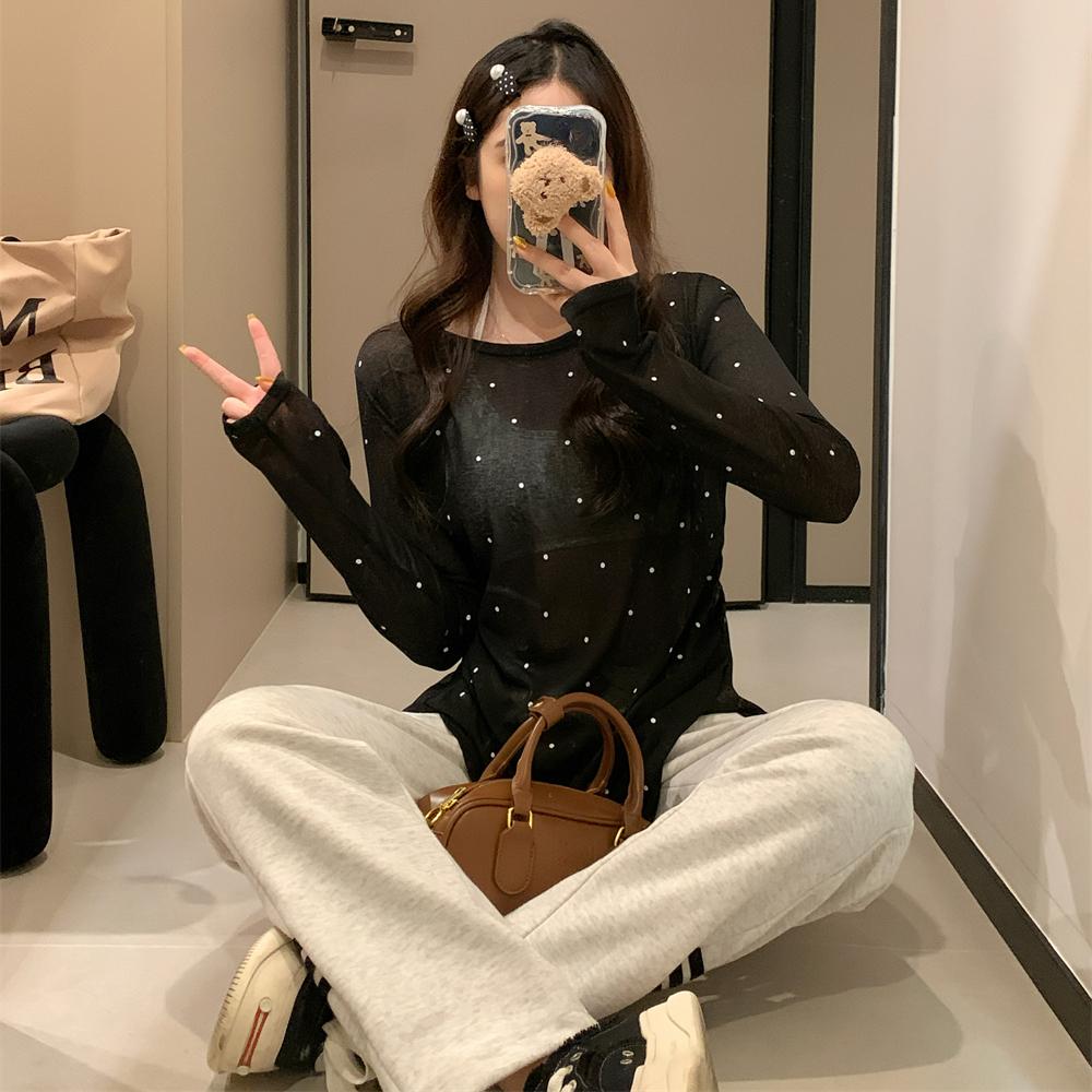 Summer Wear Both Front and Back Slit Polka Dot Long Sleeve T-shirt Women Thin Slightly Transparent Sunscreen Cover T Shirt Casual Loose Relaxed Tops
