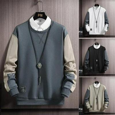 Men's Casual Hong Kong Style Round Neck Sweatshirt, Loose Fit, Long Sleeve Base Layer for Autumn/Spring