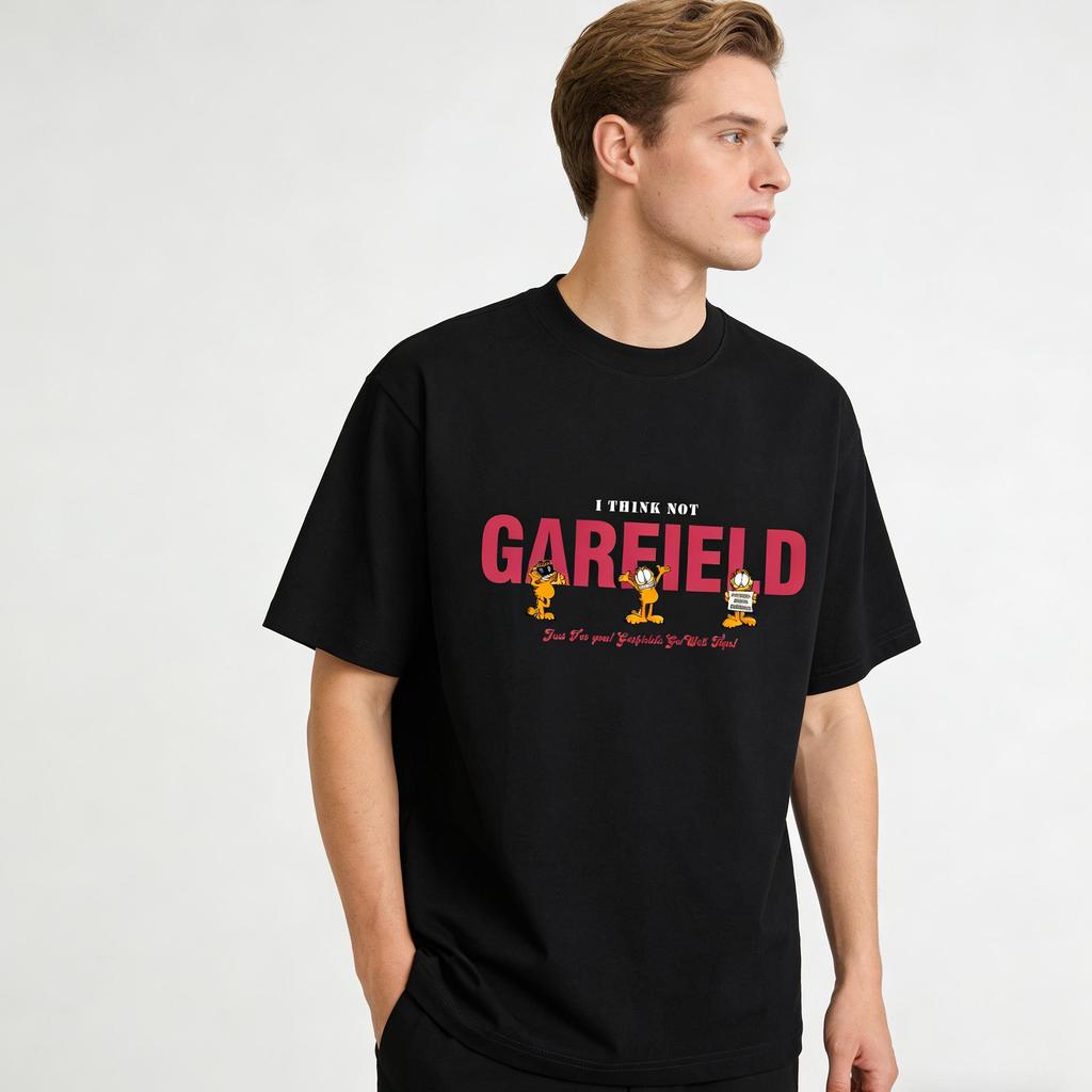 Garfield "I THINK NOT" Funny Expression Print Short Sleeve T-Shirt, American Streetwear Brand Heavyweight Cotton Loose Fit Oversized Couple Top