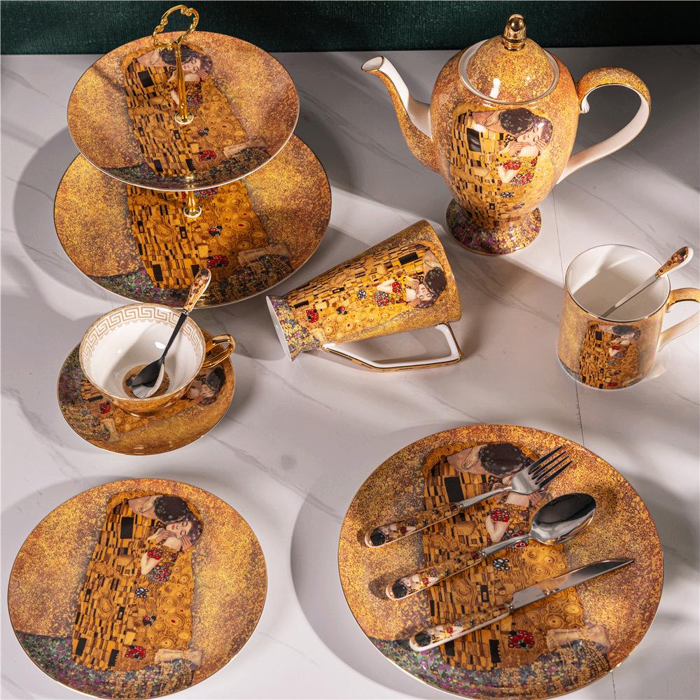 Gustav Klimt Kuss Knochenporzellan Kaffeeservice Luxus Porzellan Teetasse Untertasse Set Keramik Teekanne Milchkännchen Zuckerdose Milchkännchen Kaffeegeschirr