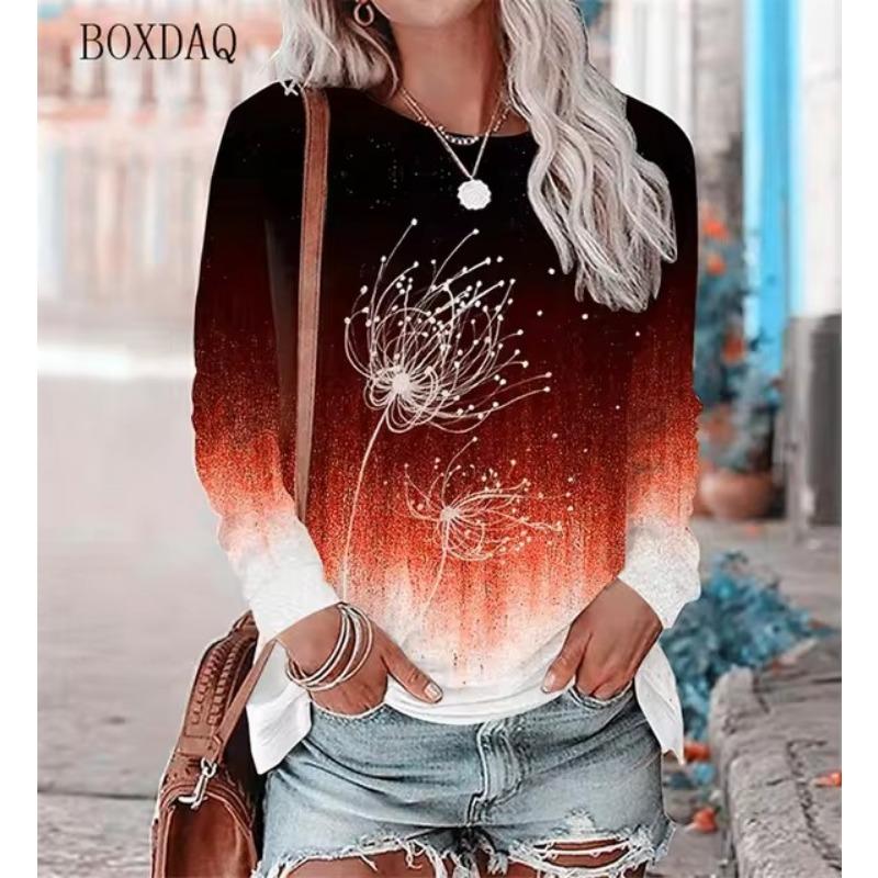 Löwenzahn Muster Damen T-Shirts Frühling Herbst Langarm 3D Pflanzen&Blumen Druck Street Gradient Damen T-Shirts 5XL Übergröße Top