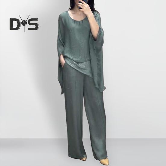 Abito casual da donna con giunture Top Pantaloni a gamba larga Abito ampio per casa Festa Ufficio Girocollo Manica a pipistrello Abito da pendolarismo