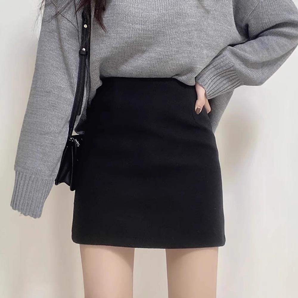 Women's Black Wool Midi Skirt - High Waist, Bodycon A-line for Autumn/Winter 2025