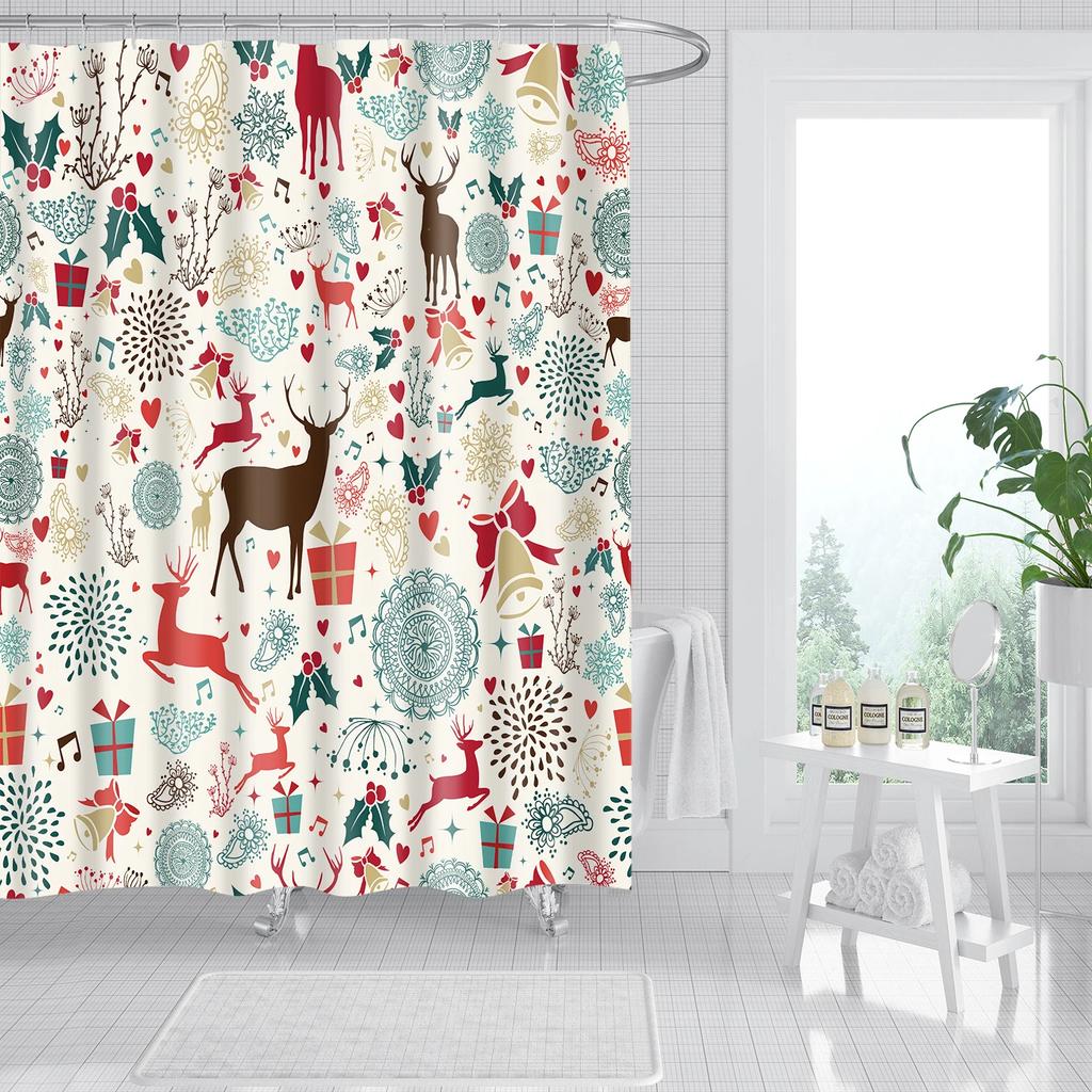 Merry Christmas Shower Curtains New Year Santa Bathroom Decor Bath Curtain Cartoon Snowman Elk Bath Bathroom Curtains