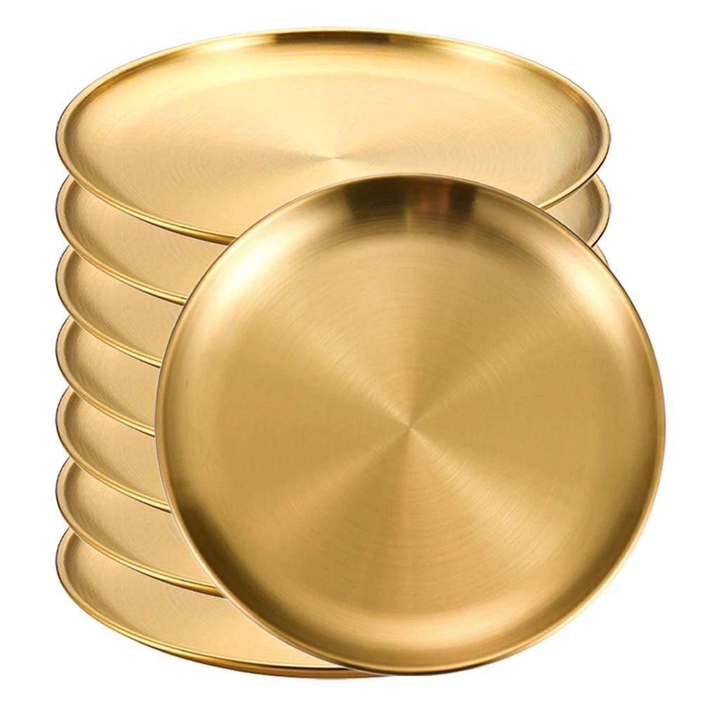 8Pcs Stainless Steels Round Golden Shallow Tray Plate Rust-Proof 14/17/20/23/26cm Camping Plate BBQ Picnic Dishes Cookware