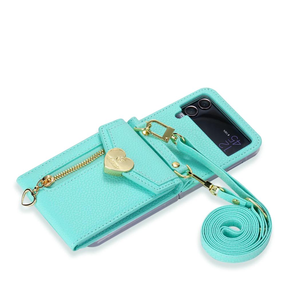 Zipper Coin Purse Crossbody Leather Bag Wallet Case for Samsung Z Flip 6FE 6 4 5 3 Neckstrap Shoulder Strap Card Holder Cover