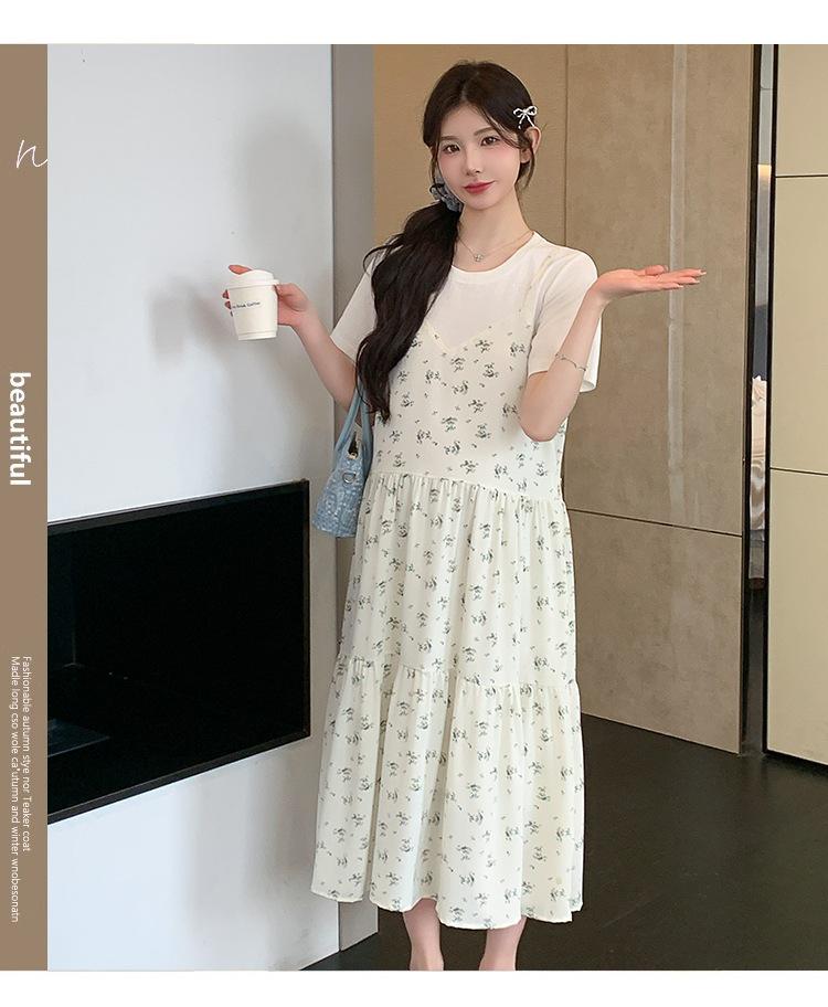 2026 Summer Maternity Korean Style Cotton T-shirt Chiffon Patchwork Dress