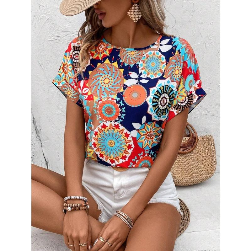 

Летний топ с круглым вырезом, красочным ретро этническим узором с 3D-принтом, модные повседневные женские футболки с коротким рукавом L