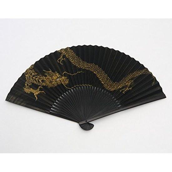 Hasegawa Kyosenzu Gentlemans Fan Dragon Black Base Gold Color Dyed Sekishu Medium Carving Bag Decorative Box